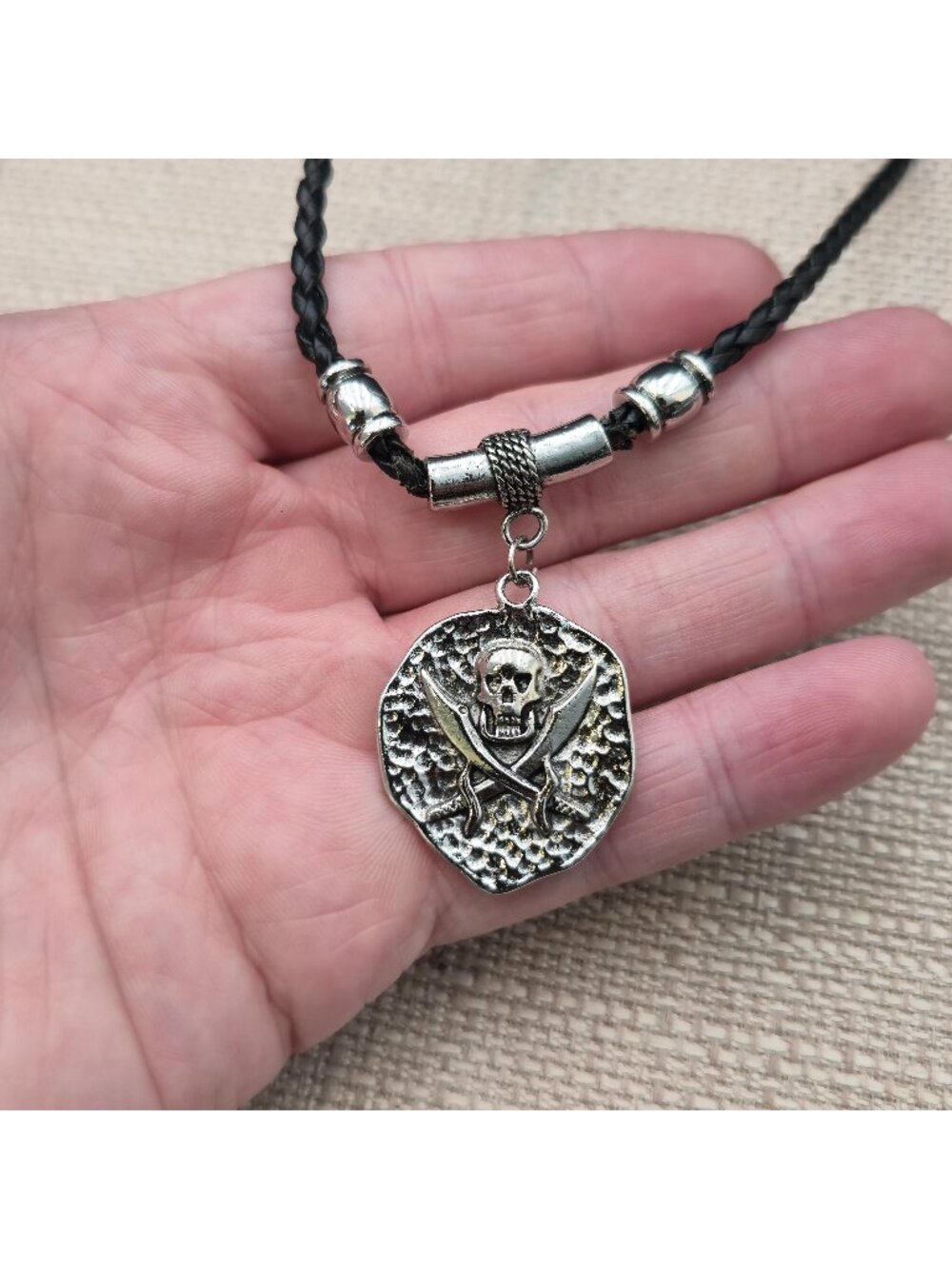 18 Inch Pirate Coin Skull Necklace, Braided Leather Cord, Gift for Men B1451